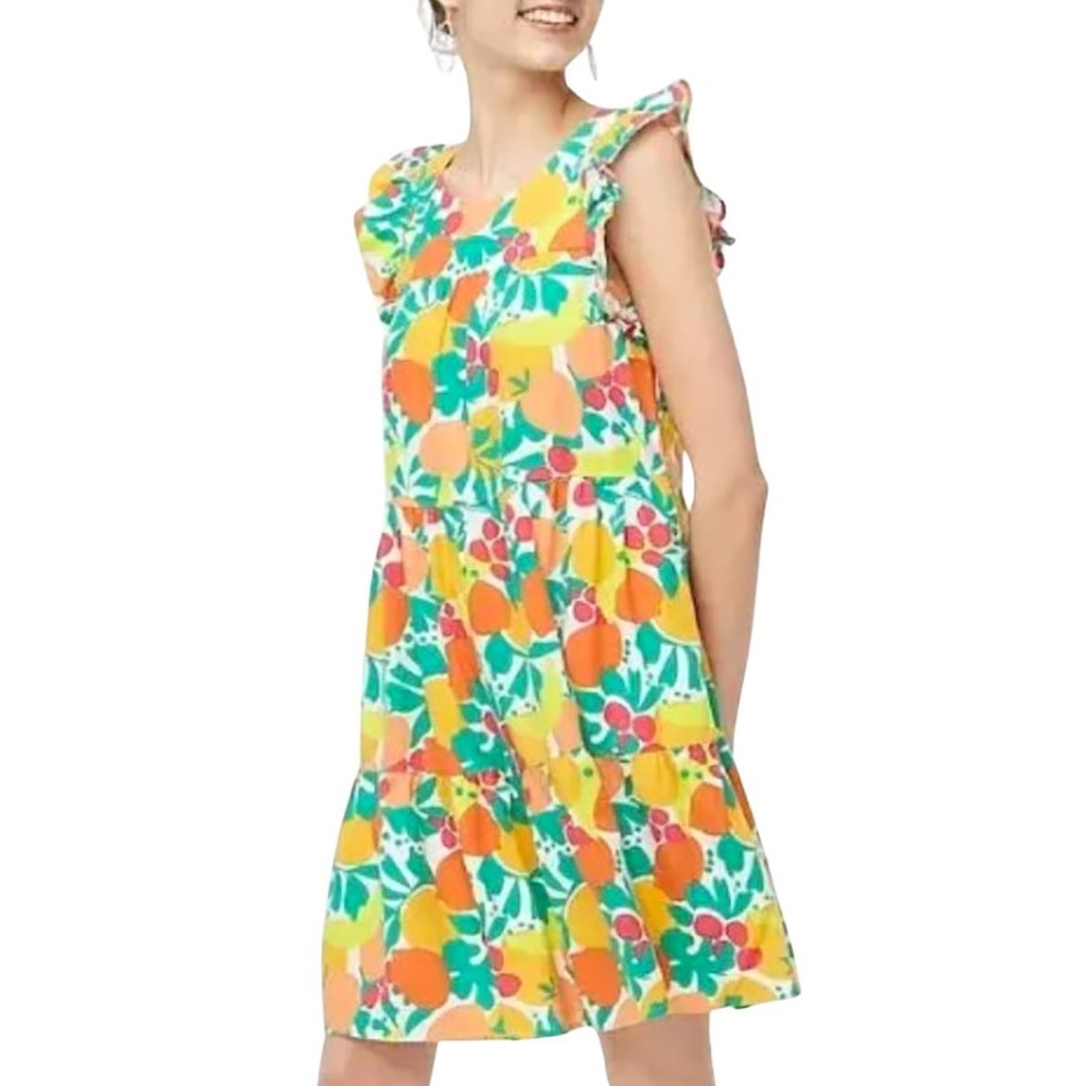 J.Crew Factory Fruit Print Linen Blend Tiered Dress Womens 4 Flutter Sleeve